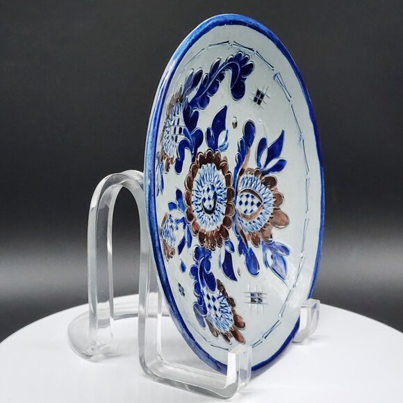 Studio Pottery Ceramic Floral Bowl Textured Raised Carved Design Blue Brown 7.5" - Picture 4 of 10